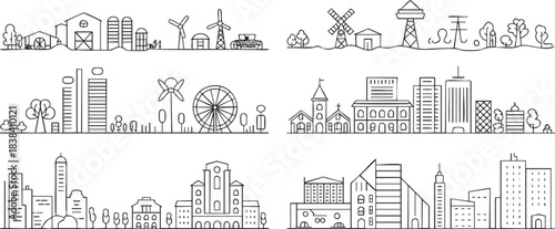 Minimalist black line art vector icons depicting diverse urban and rural cityscapes with various buildings and infrastructure elements