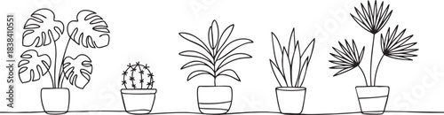 Minimalist continuous line art drawing of various potted houseplants collection perfect for modern interior decor design vector illustration isolated