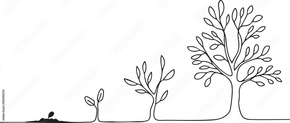 Fototapeta premium Minimalist continuous line art illustration depicting the various growth stages of a plant from a tiny seedling to a majestic mature tree