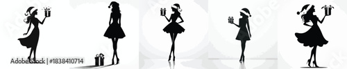 vector silhouette full body of a woman stand carrying a Christmas gift