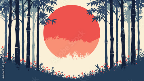 Bamboo forest, vertical black stalks with leaves against a large red sun, nature pattern, high contrast, flat vector, white background