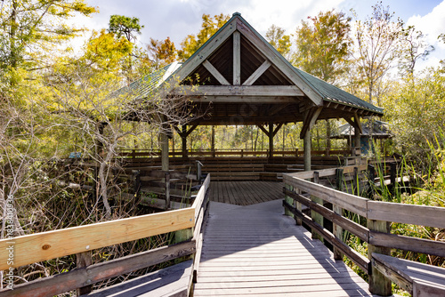 Wood Pavilion at Six Mile Cypress Slough Preserve in Fort Myers Florida is Surrounded by Wetlands and Trees