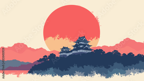 Himeji Castle main keep, geometric architectural silhouette against a large red sun, historic fortress, flat vector, white background
