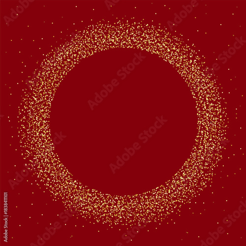 Gold dust circle frame. Splattered golden glitter confetti as a ring, wreath or crown for award bg. Glitz starry sand sprayed in round shape with empty space inside. Overlay vector illustration