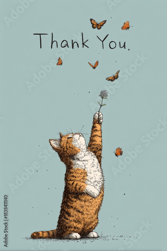 Playful orange-and-white cat reaching for a flower with butterflies and thank you text on light blue background