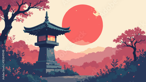 Stone lantern (Toro) in a garden, weathered silhouette against a large red sun, tranquil atmosphere, flat vector, white background