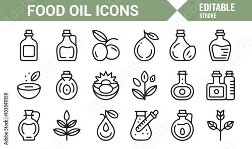 Organic Ingredient Icons Representing Food Oils, Plant Sources, Herbs, Seeds, Fruits, and Extract Containers