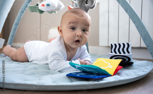 Canvastavla Happy infant exploring during tummy time