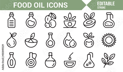 Culinary Oil Icon Pack Featuring Organic Ingredients, Plant Extracts, Bottles, and Fluid Drops