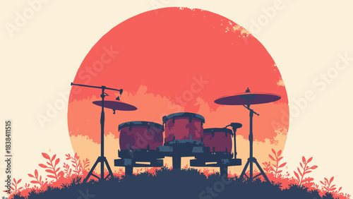 Taiko drum on a stand, large round silhouette against a large red sun, festival music, bold graphic, flat vector, white background