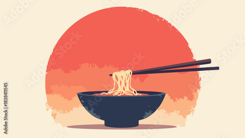 Ramen bowl with chopsticks lifting noodles, simple silhouette against a large red sun, culinary icon, flat vector, white background