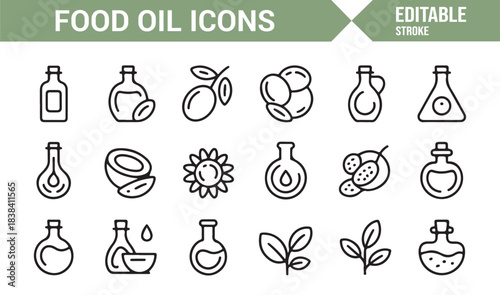 Editable Stroke Icons of Olive Oil, Coconut Oil, Seed Oils, Flavor Extracts, Plants, and Culinary Elements
