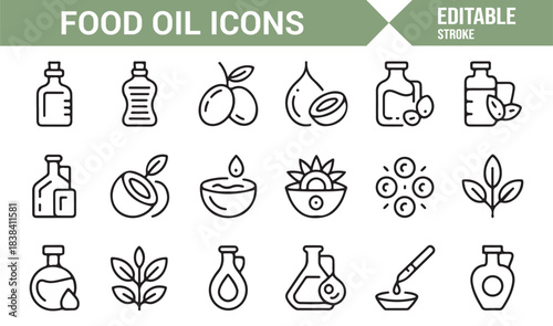 Food Oil Icon Set Featuring Olive, Coconut, Seed Oils, Bottles, Drops, Plants, and Natural Ingredients