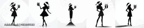 vector silhouette full body of a woman stand carrying a Christmas gift