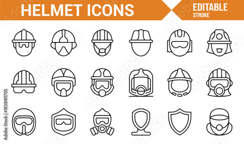 Security & Safety Helmet Icons Including Worksite Helmets, Fire Gear, Respirators, Shields, and Tools