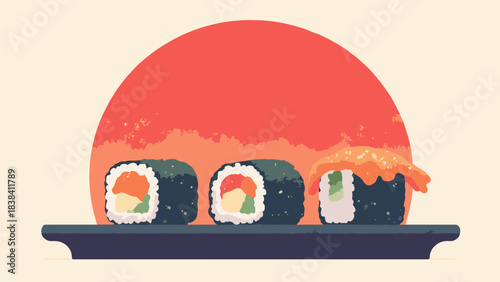 Sushi roll trio, simple geometric food silhouette against a large red sun, japanese cuisine, flat vector, white background