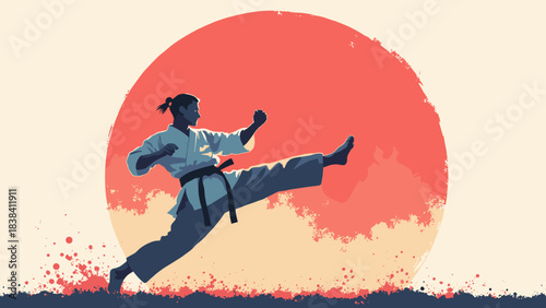 Karate martial artist executing a high kick, dynamic silhouette against a large red sun, action pose, flat vector, white background