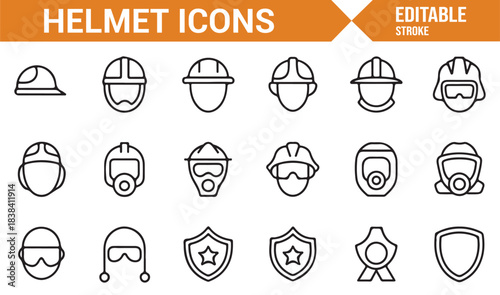 Construction & Emergency Helmet Icons Showing Goggles, Masks, Protective Shields, and Safety Tools