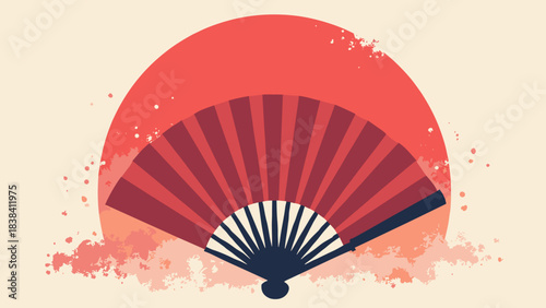Folding fan (Sensu), open semi-circle silhouette against a large red sun, traditional prop, flat vector, white background
