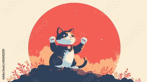Maneki Neko (Beckoning Cat), raised paw silhouette against a large red sun, luck charm, flat vector, white background