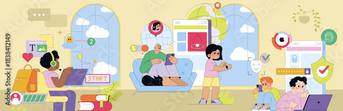 Children Engaged in Digital Learning Vector Illustration