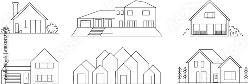 Simple line art illustrations of various modern and traditional residential houses with different architectural styles vector set
