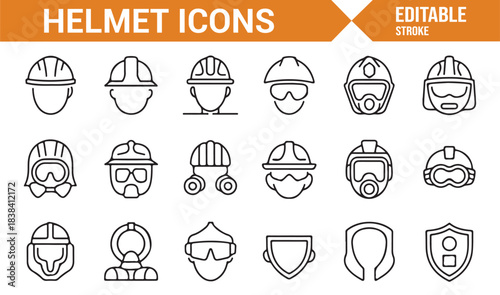 Industrial Helmet Line Icons Depicting Safety Masks, Hardhats, Goggles, Protective Shields, and Equipment