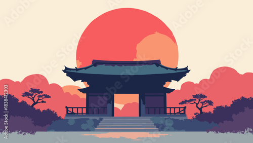 Shinto shrine roof with curved eaves, architectural detail silhouette against a large red sun, spiritual, flat vector, white background