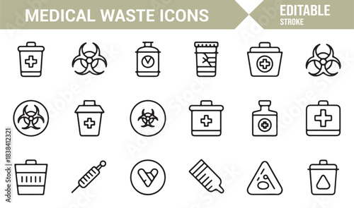 Healthcare Hazard Waste Vector Icons Representing Biohazard Disposal, Syringes, Flasks, Vials, and Safety Units