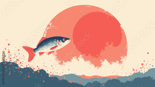 Carp streamer (Koinobori) flying, fish windsock silhouette against a large red sun, childrens day, flat vector, white background