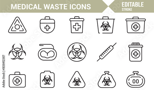 Toxic Waste Line Icons Showing Medical Bins, Hazard Labels, Contamination Symbols, and Lab Bottles