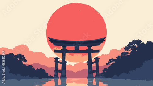 Torii gate entrance, imposing black silhouette centered against a massive red sun, spiritual minimalist art, flat vector, white background