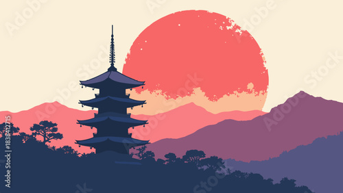 Five-story Pagoda tower, intricate roof layers silhouette against a large red sun, Kyoto architecture, flat vector, white background