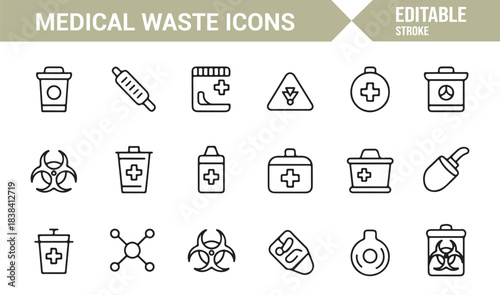 Healthcare Waste Management Icons Representing Biohazards, Vials, Flasks, Syringes, and Disposal Units
