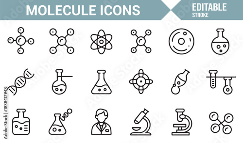 Biology and Chemistry Icon Pack Including Atoms, Flasks, Cells, Reactions, and Scientific Tools