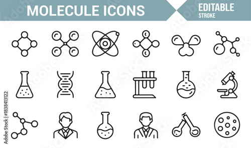 Laboratory Line Icons Depicting Chemical Reactions, Atoms, Glassware, Scientists, and DNA Chains