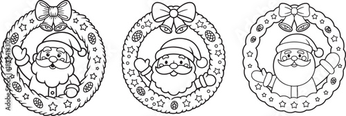 Set of three christmas wreaths with santa claus, stars, bells, and pinecones