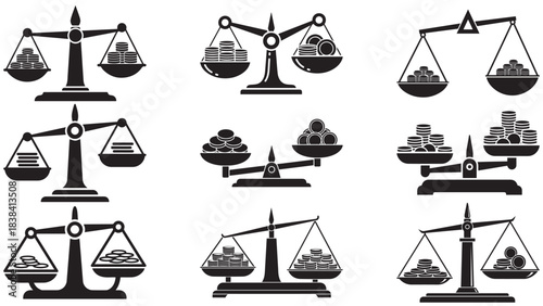 Pan Balance Scales with Coin Piles for Asset Allocation and Risk Assessment
