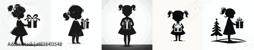vector silhouette of a little girl carrying a Christmas gift