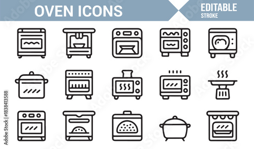 Modern Oven Line Icons Depicting Stovetops, Roasting Trays, Food Dishes, Pots, and Heat Indicators