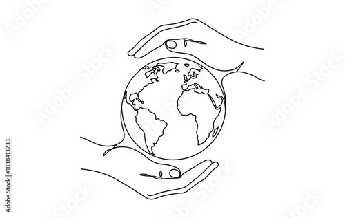 Continuous line drawing of hands protecting the earth globe, environmental concept