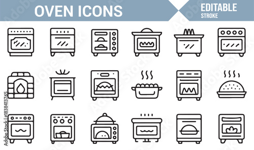 Clean Line Icons of Ovens, Cooktops, Microwave Units, Roasting Tools, and Heat-Based Appliances