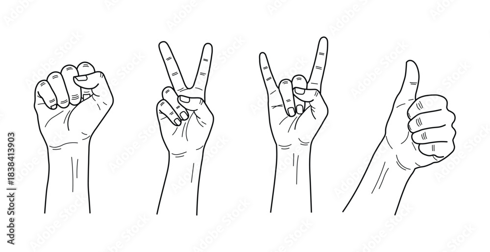 Fototapeta premium Four different hand gestures fist, peace sign, rock, and thumbs up