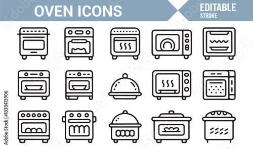 Kitchen Oven Line Icons Depicting Roasting, Baking, Heating, Pot Cooking, and Food Preparation Tools