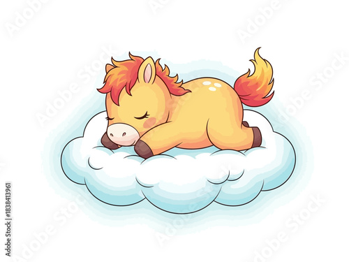 Cartoon Horse Sleeping on a Cloud, Cute Animal Illustration