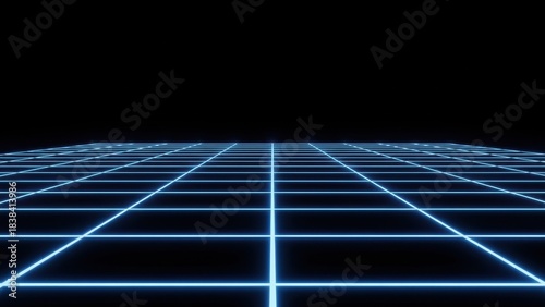 Fototapeta Naklejka Na Ścianę i Meble -  Retro neon blue wireframe grid perspective on black background