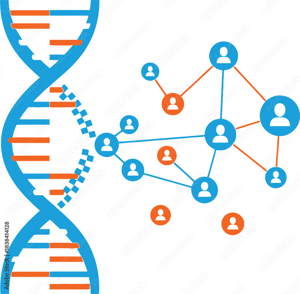 Ταπετσαρία DNA double helix connected to a network of human profiles showing genetic ancestry and genealogy research for medical science and social family tree connection