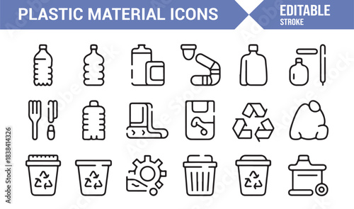 Vector Line Icons Depicting Plastic Items, Household Products, Packaging Pieces, and Disposal Elements