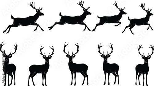 Set of Majestic Deer Silhouettes: Standing and Running Reindeer or Stag Icons