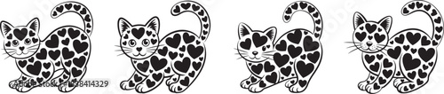 Set of four sitting cats with hearts pattern, domestic animals with lovely fur elements
